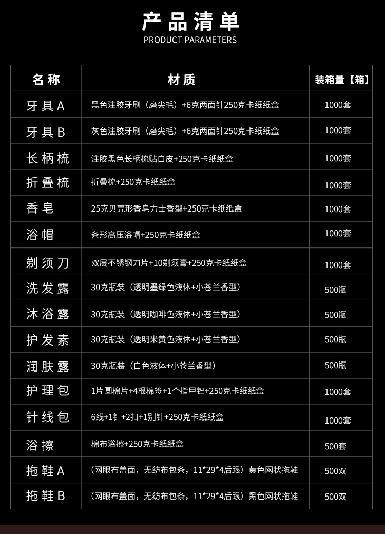 丝绸扇系列一次性用品套装清单